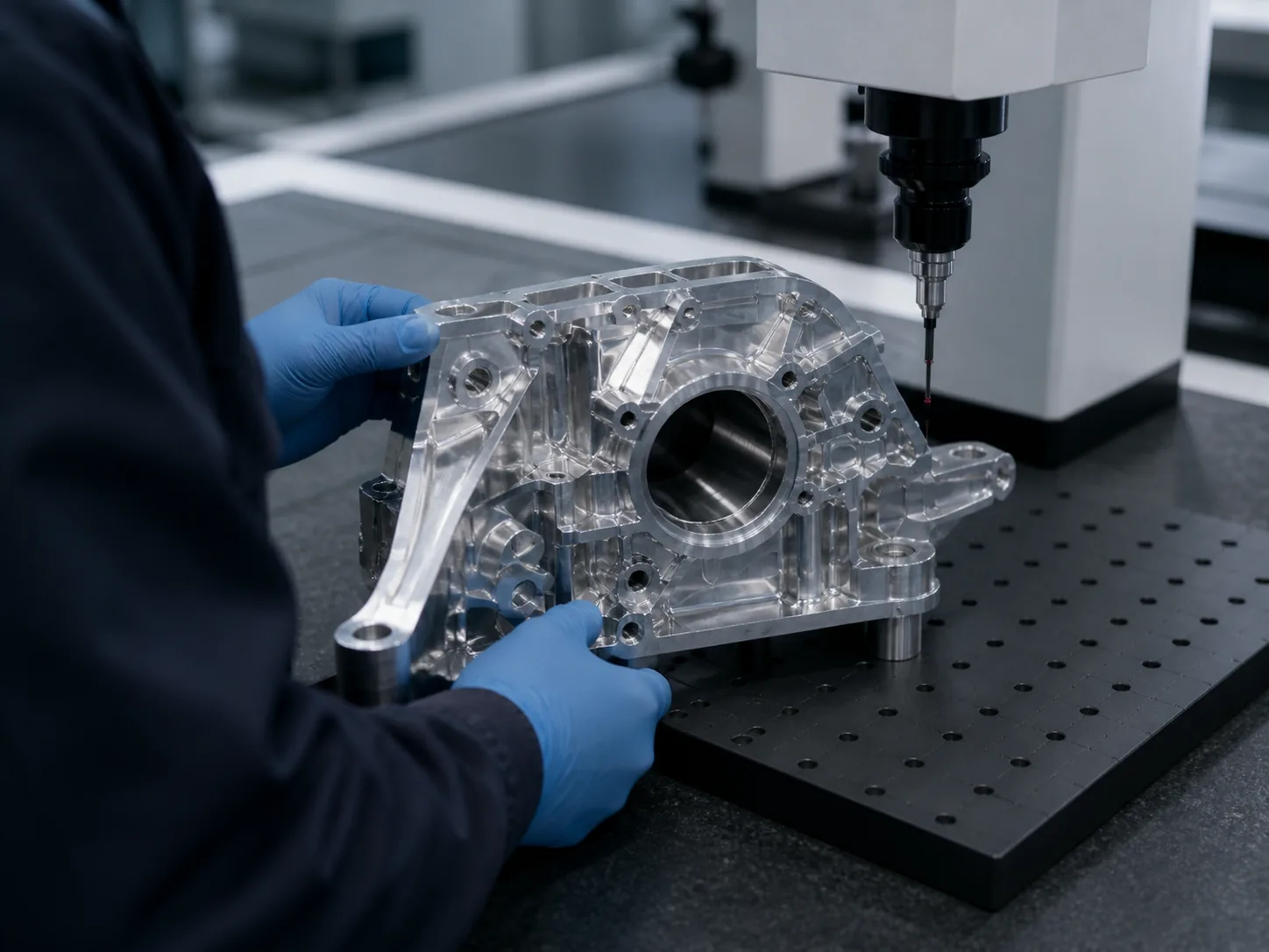Operator inspecting a finished part during quality control